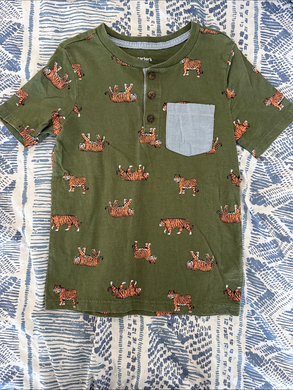 Carter's Olive Green Tiger Pocket Henley Tee with Chambray Accent